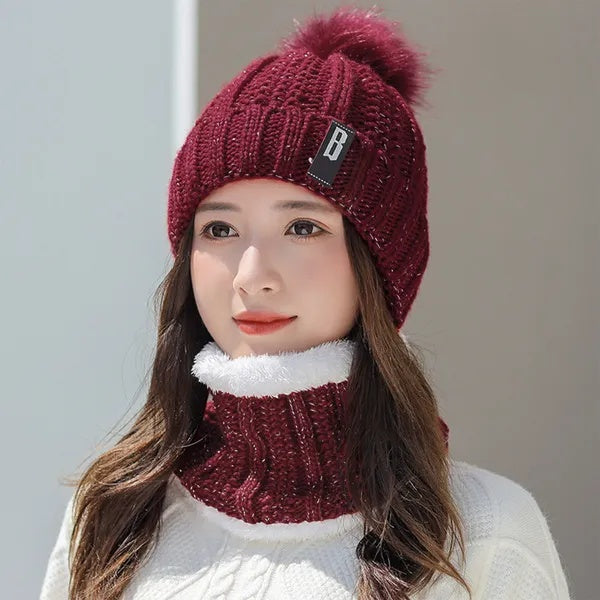 Winter Beanie Hat Scarf Set Women Warm Knitting Skull Cap 