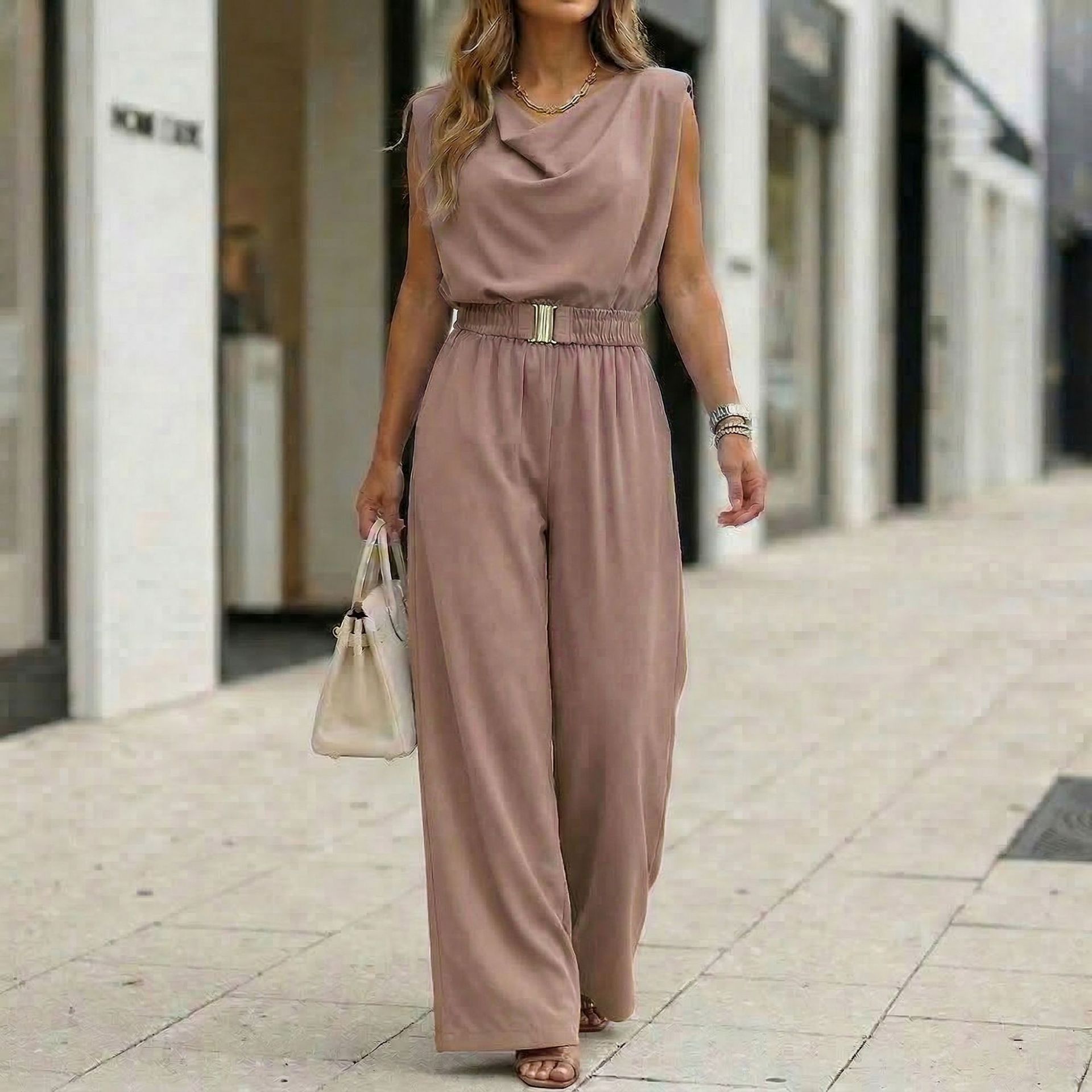 Women's Casual Off-Shoulder Solid Color Jumpsuit 