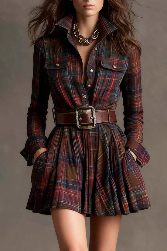 Plaid Collared Sleeveless Fitted Waist Dress 