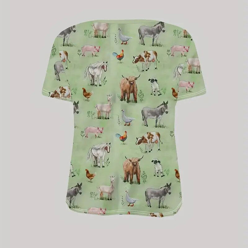 Women's Round Neck All-Over Animal Print Short Sleeve Tee - Cute Summer Casual Top CJ US