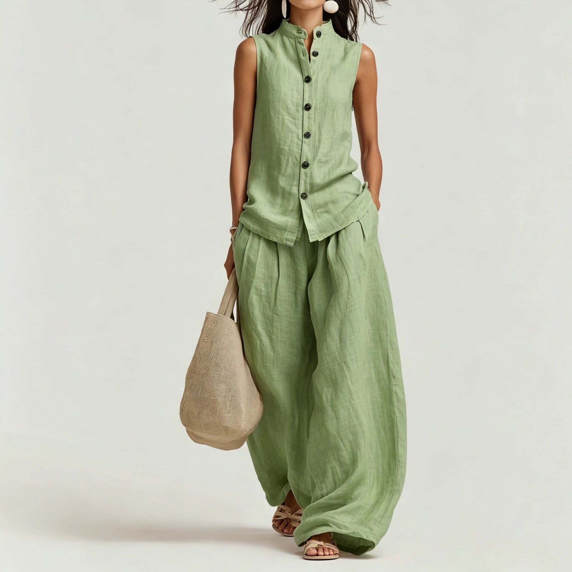 Womens Casual Cotton-Linen Sleeveless Crew-Neck Vest Top And Pants Two-Piece Set 