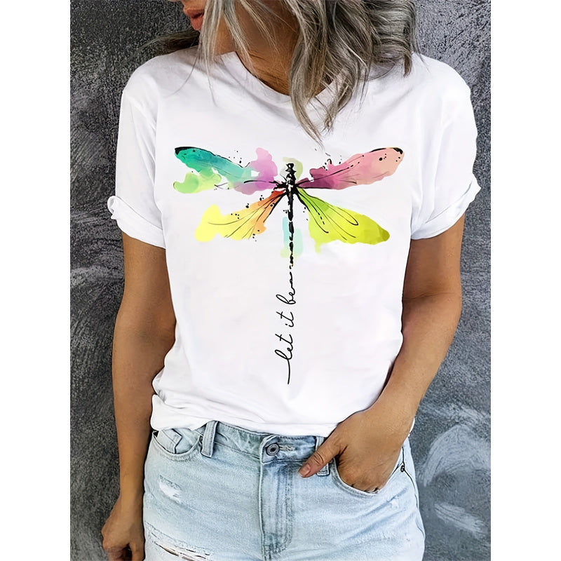 Short Sleeve T-Shirt Dragonfly Pattern Casual Round Neck Tee CJ