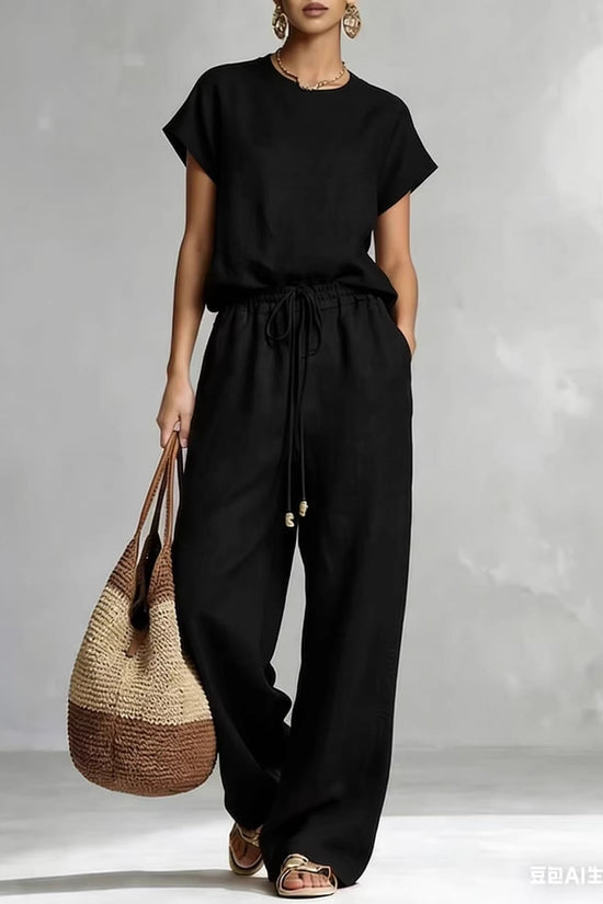 Womens Casual Loose Solid-Color Zip-Up Crew-Neck Wide-Leg Pants Set 