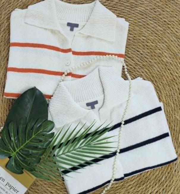 Women's 2025 Spring Summer Casual Fold-Down Short Sleeve Fashion Button Knitted Cardigan Sweater Navy Striped Sleeve Knitted Cardigan CJ US