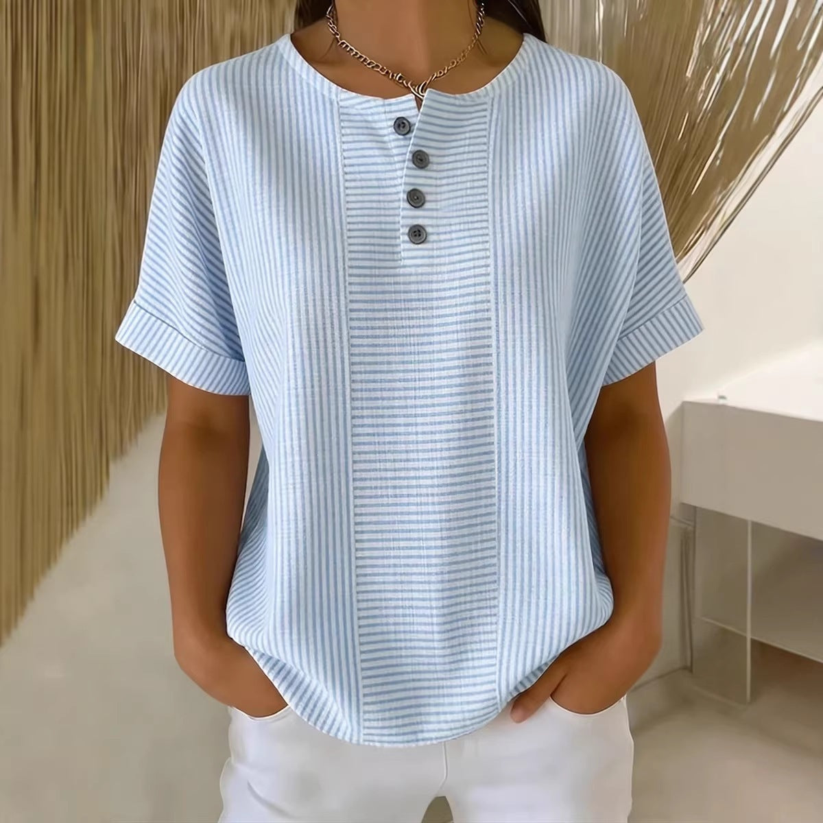 Casual Solid Color V-Neck Buttoned Striped Cotton-Linen T-Shirt 