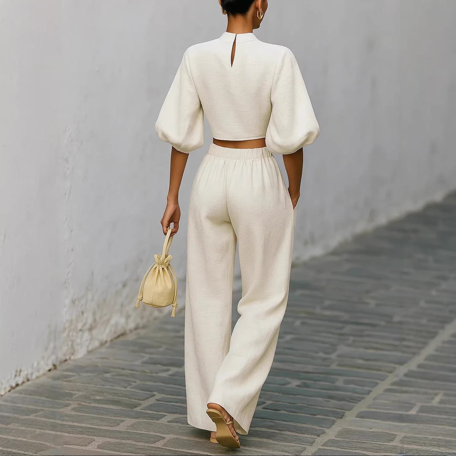 Womens Short Top And High-Waisted Casual Pants Two-Piece Set 