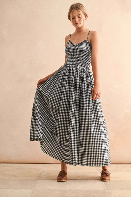 Summer Strap Retro Plaid A-line Slimming Dress for Women with Waist 