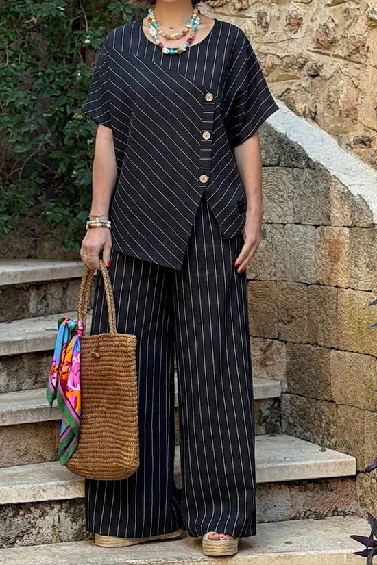 Striped Short-sleeve Shirt And Loose-fitting Pants Two-piece Set 