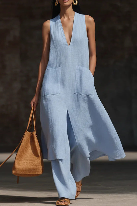 Casual New Style V-Neck Sleeveless Dress Set 