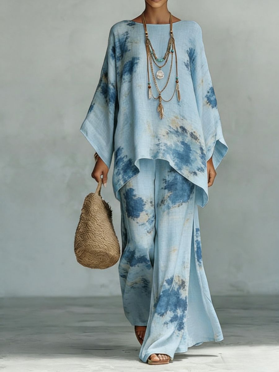 Women's Floral Print Linen Wide-Leg Two-Piece Set 