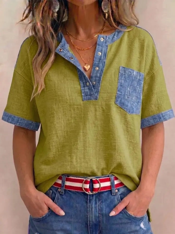 Women's Casual Loose-Fitting Patchwork Short-Sleeve Top 
