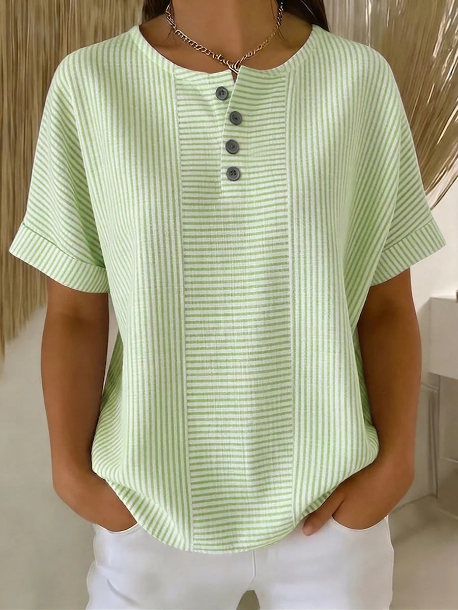 Casual Solid Color V-Neck Buttoned Striped Cotton-Linen T-Shirt 