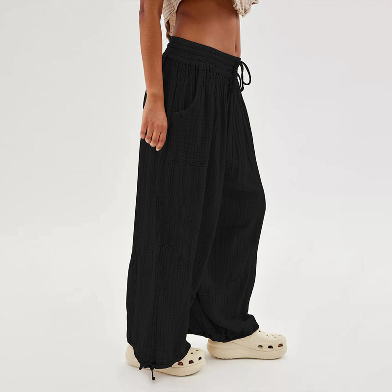 Women's Solid-color Wide-leg Pants With Elastic Drawstring Waist Elasticized Leg Cuffs Side Pockets For Spring&Fall Fashionable Simple Wear CJ US