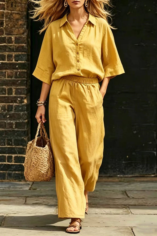 Womens Short-Sleeve Shirt And Loose Pants Two-Piece Set 