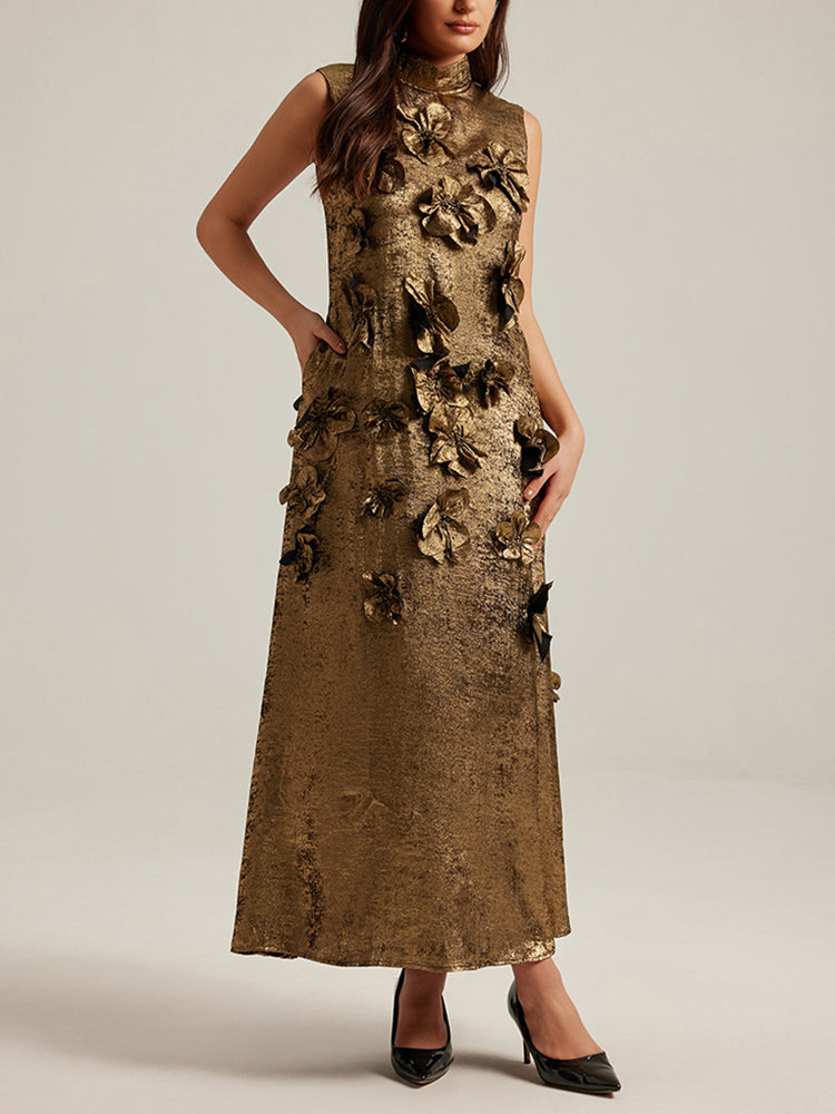 Three dimensional flower splicing sleeveless waist cinched A-line skirt long dress for women eprolo