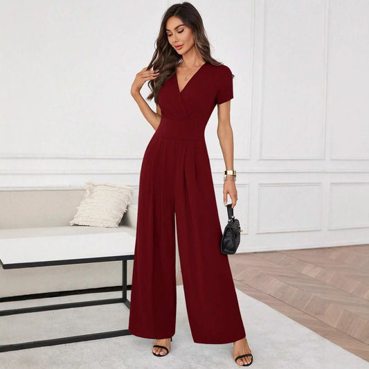 Women's Solid-Color Short-Sleeve Pleated Wide-Leg Jumpsuit 