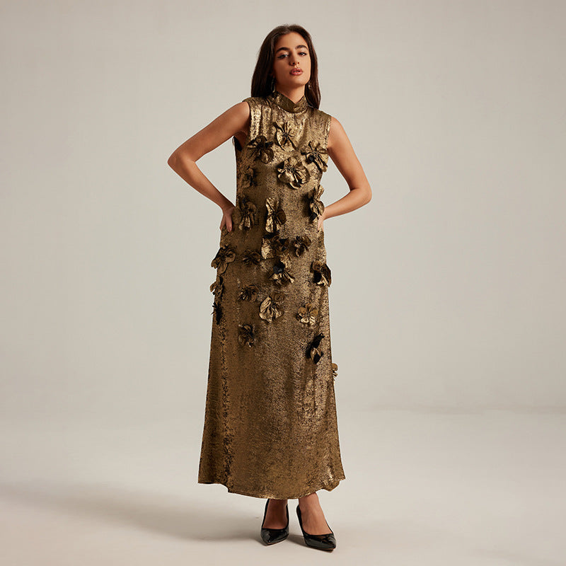 Three dimensional flower splicing sleeveless waist cinched A-line skirt long dress for women eprolo