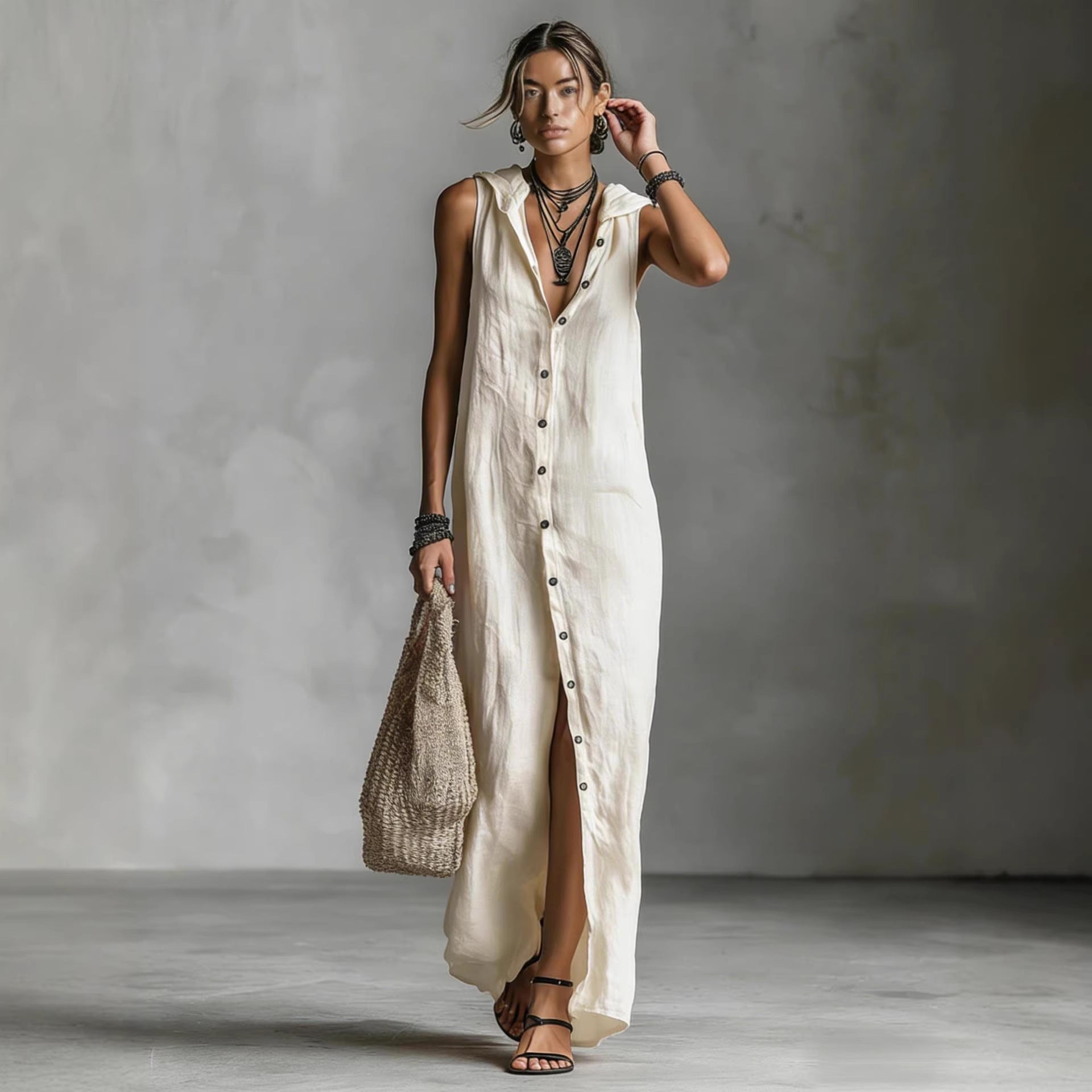 Sleeveless hooded breasted dress 
