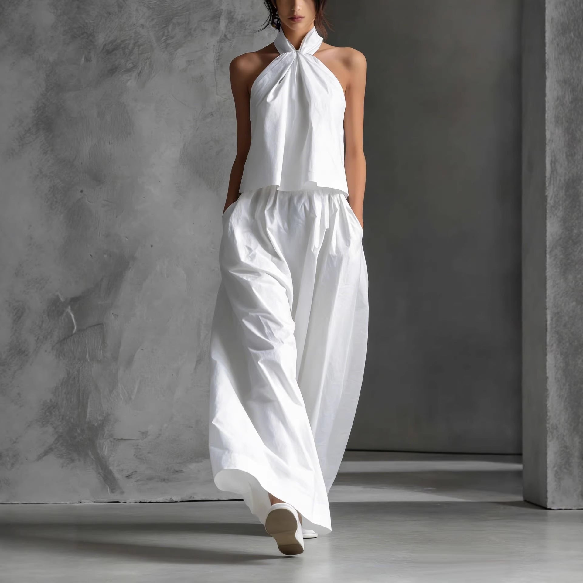 Loose Sleeveless Top High-Waisted Wide-Leg Pants Two-Piece Set for Women 