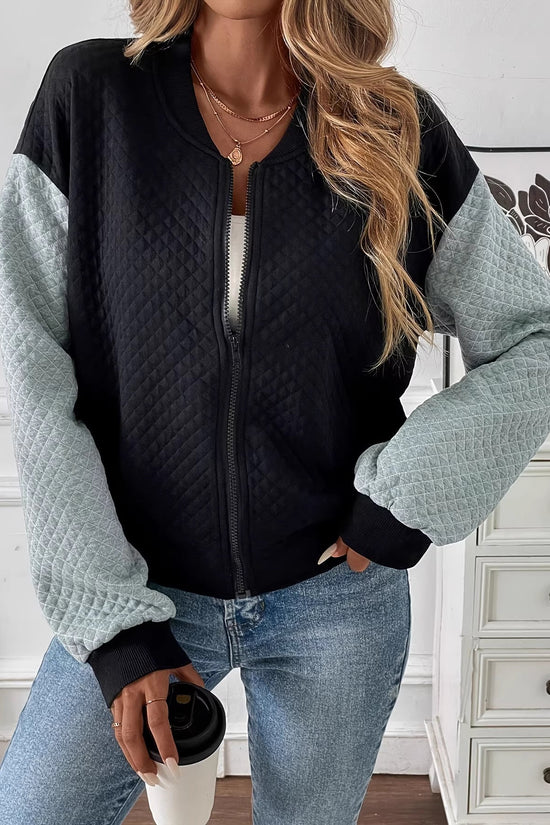 Women's Color Blocked Baseball Collar Casual Long Sleeved Zipper Jacket 