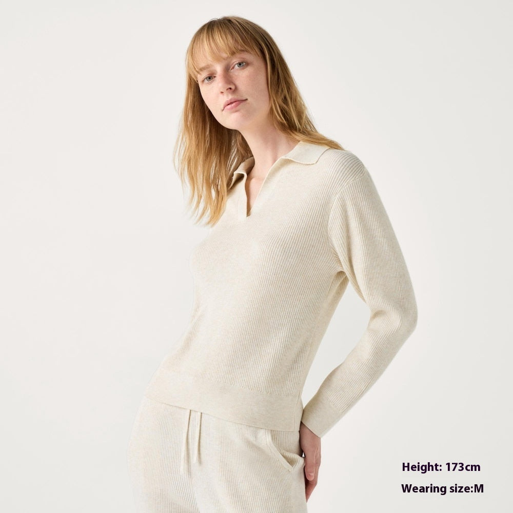 Women's Machine Washable Rib Half-open Collar Sweater CJ