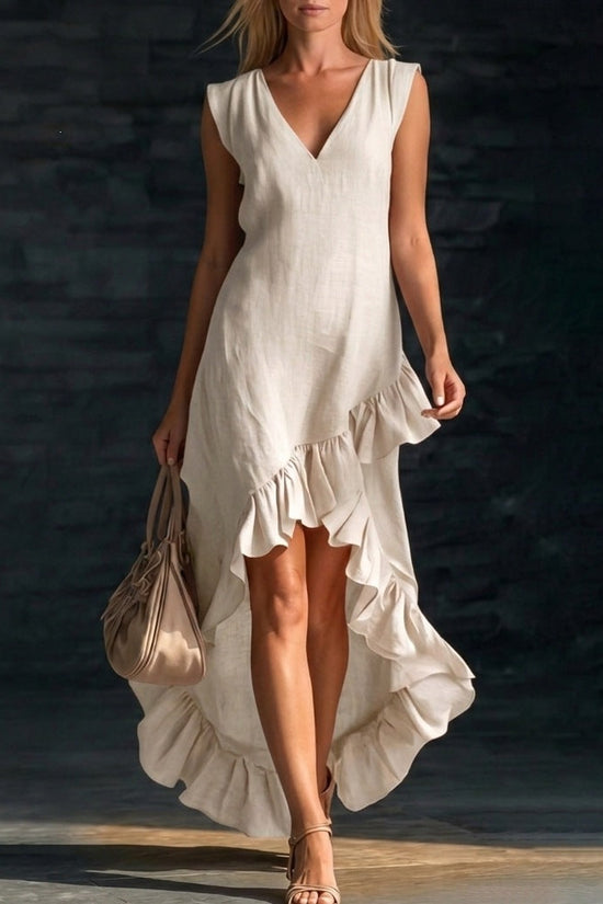 Women's Fashion Romantic Sleeveless V-Neck Ruffle Hem Cotton Linen Maxi Dress 