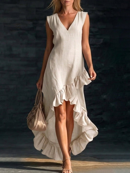 Women's Fashion Romantic Sleeveless V-Neck Ruffle Hem Cotton Linen Maxi Dress 