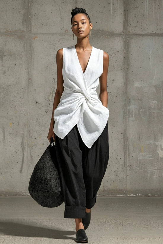 Waist-cinching Tie-front V-neck Sleeveless Top Wide-leg Pantsuit 