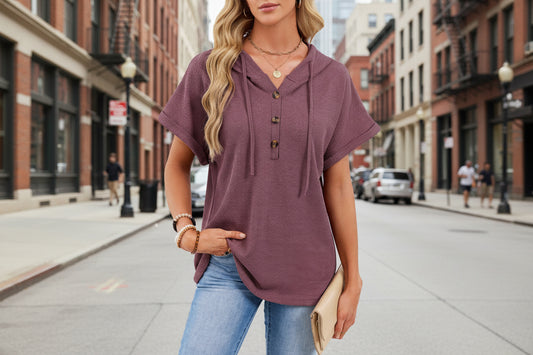 Womens Waffle-Weave Hooded Drawstring Short-Sleeve Top With Buttons 