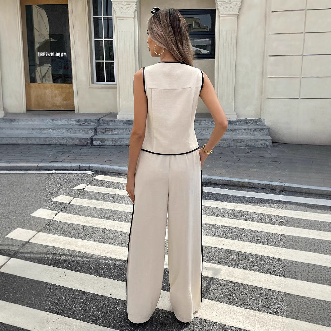 Women's Contrast Color Sleeveless Single-breasted Vest And Drawstring Trousers Suit 