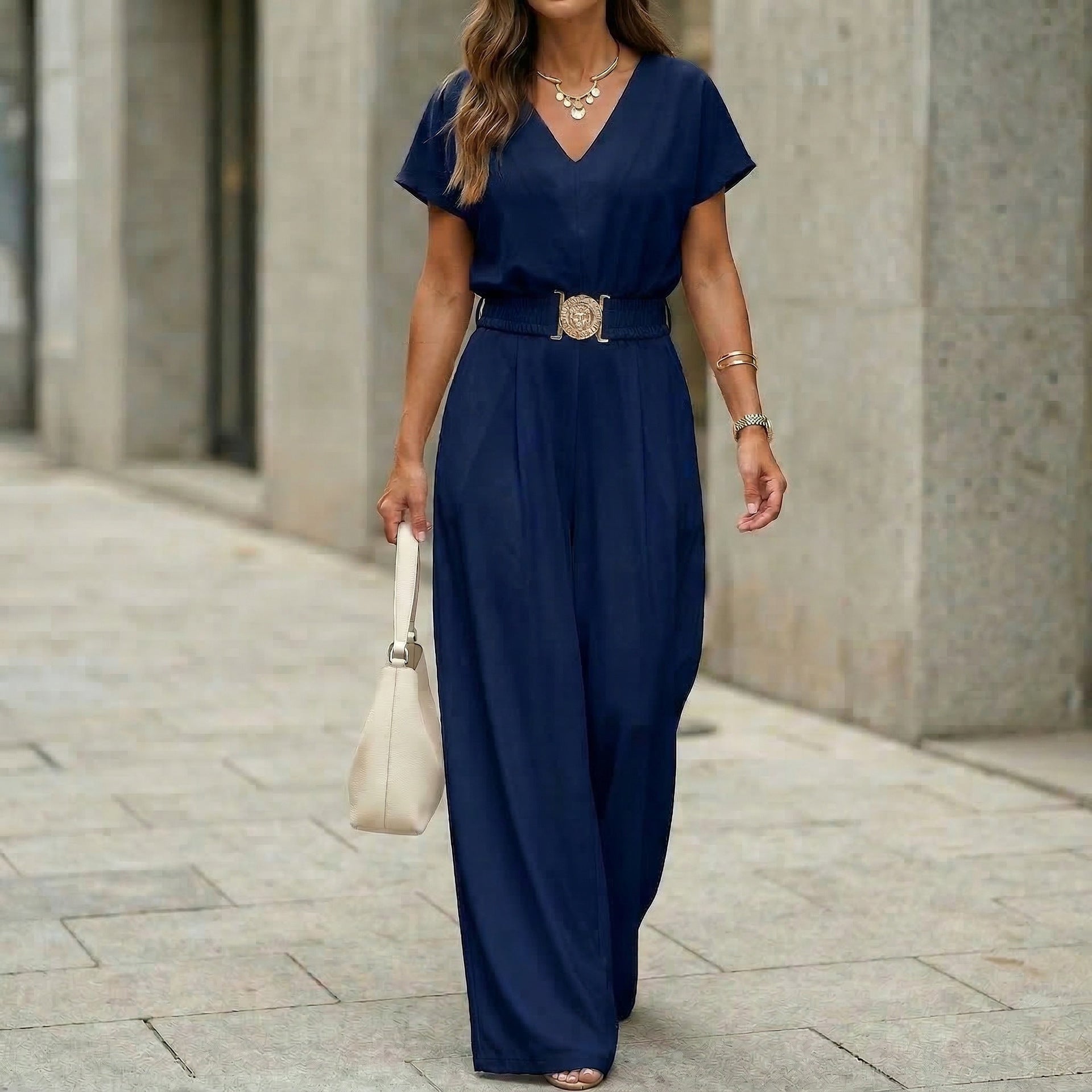 Womens V-neck Solid-color Short-sleeve Long-pants Belted Jumpsuit 