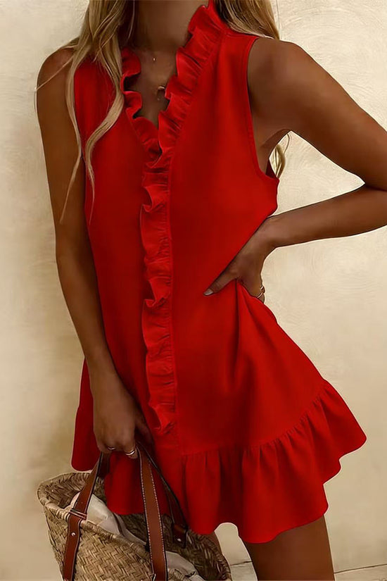 Womens Casual Cotton-Linen Solid-Color Dress With Ruffle Hem 