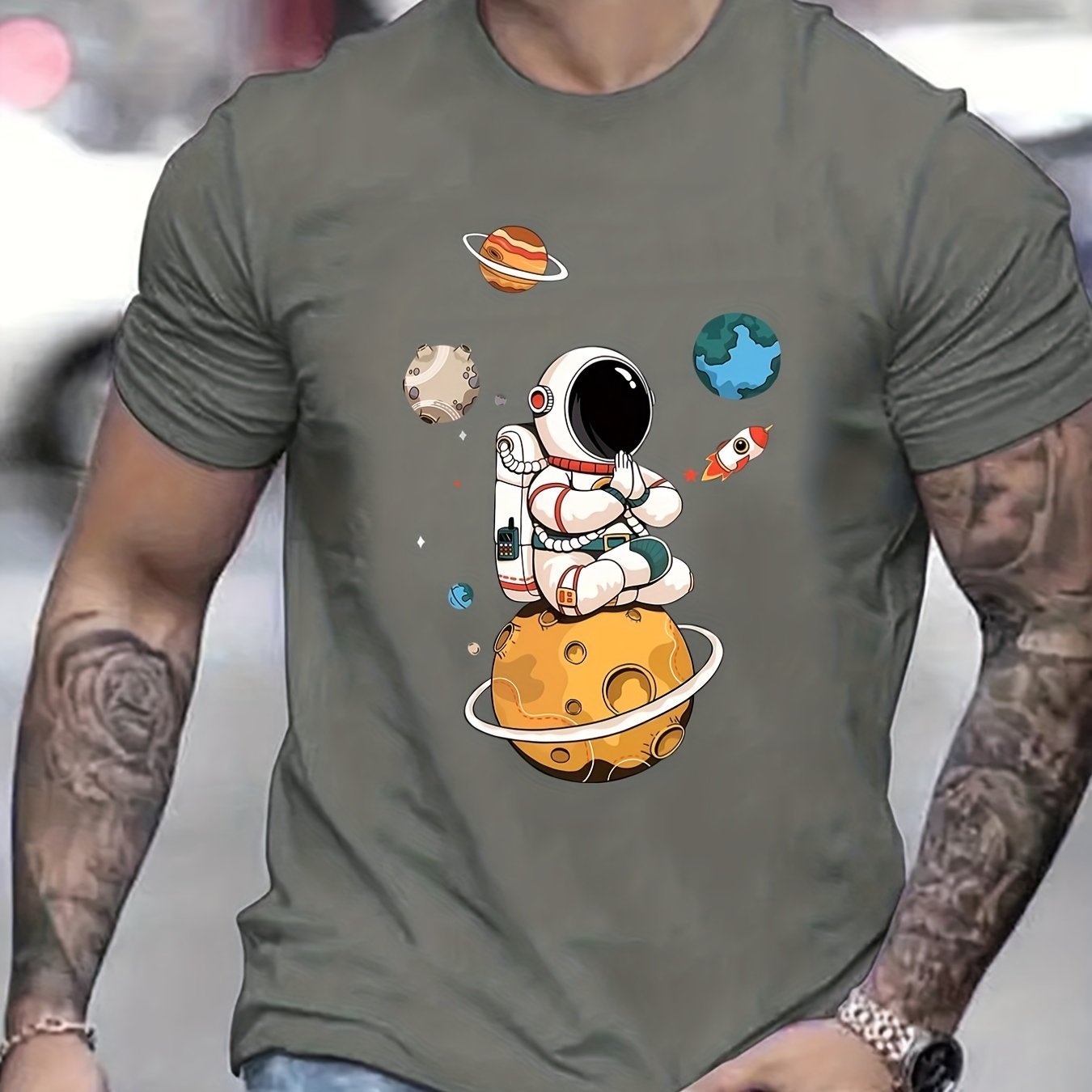 Summer Men's Casual Street Style Elastic Round Neck T-shirt With Cartoon Astronaut And Planet Patterns CJ US