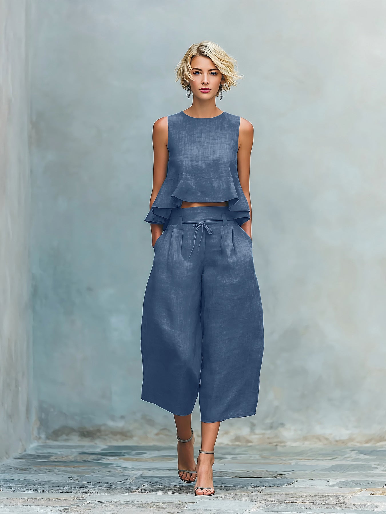 Womens Linen-blend Two-piece Set With Ruffled Detailing 