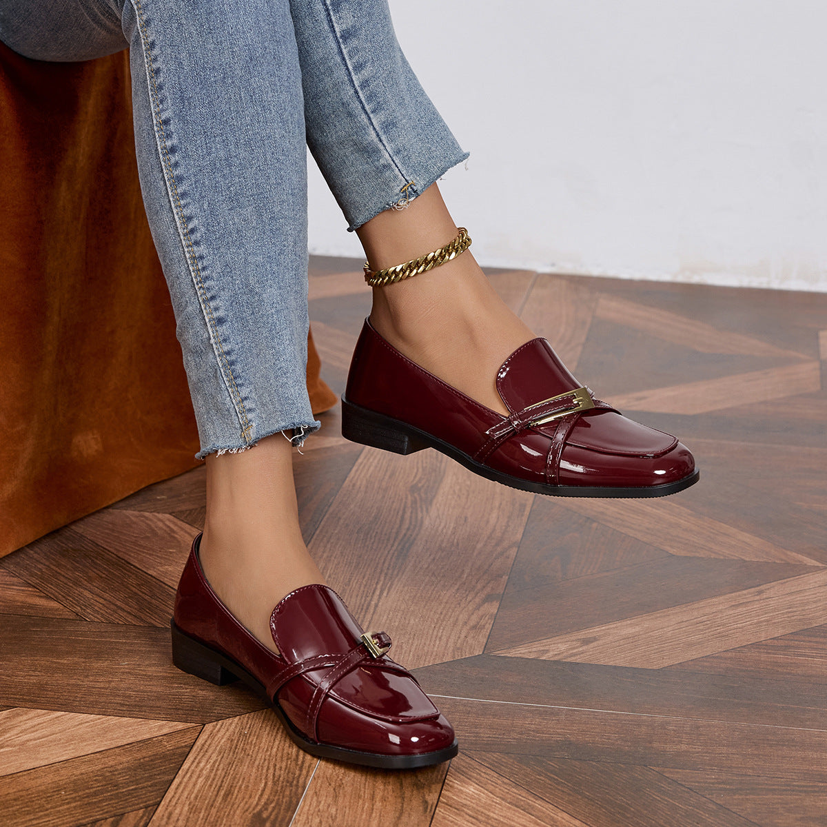 Casual All-Match Patent Leather Square Toe Leather Shoes CJ