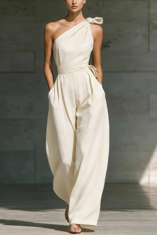 Loose-fitting Sleeveless Off-shoulder Belted Jumpsuit 