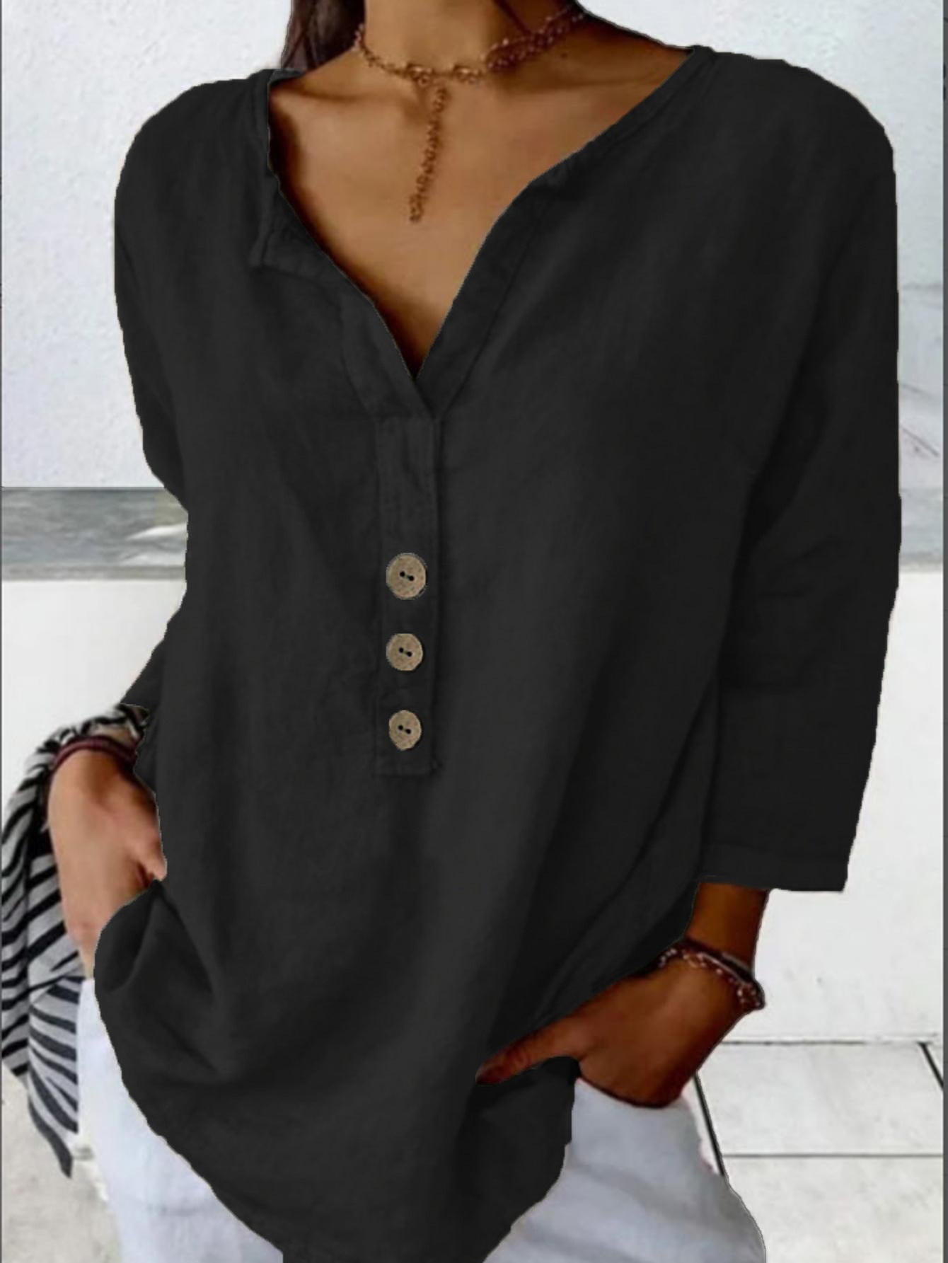 Solid Color Notched Collar Shirt Casual Button-down Shirt CJ US