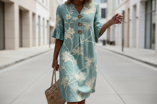 Resort Style V Neck Printed Loose Fitting Mid Sleeve Dress 