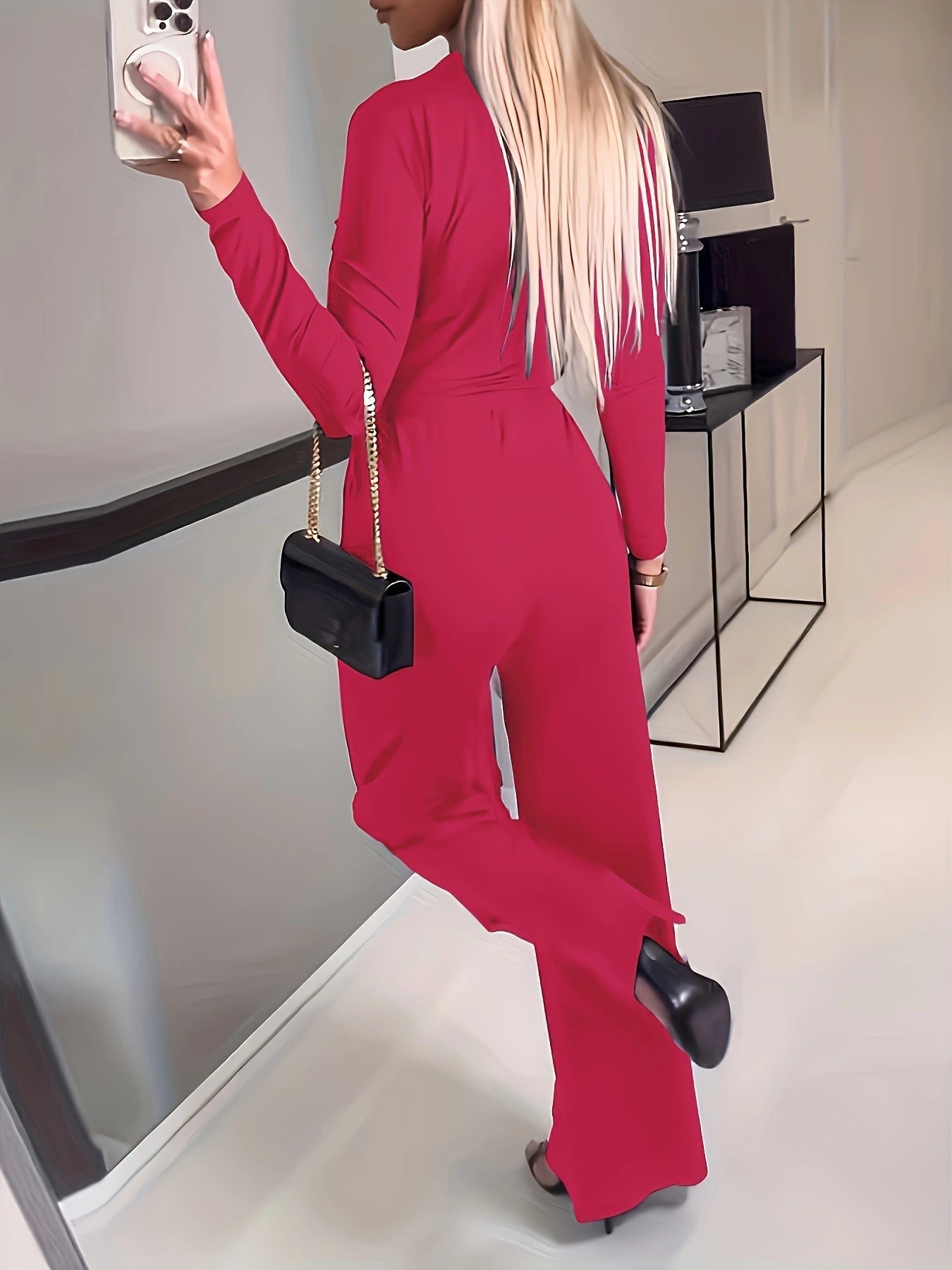 Women's Solid V-neck Bow Tie Waist Slimming Fashion Jumpsuit null