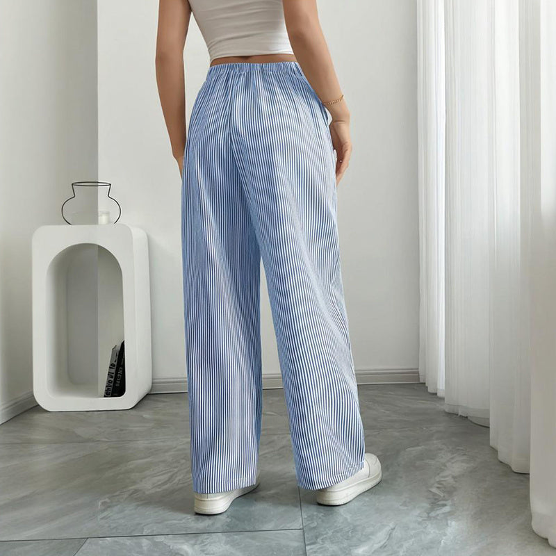 Women's Striped Print Straight Wide Leg Pants Drawstring Waist Slant Pockets Pants Casual Long Pants CJ US