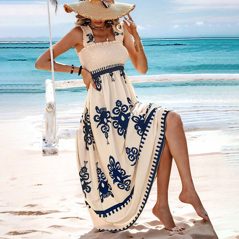 Women's Wide Strap Printed Maxi Dress With Bust Pleats, A-Line Vacation Dress CJ US