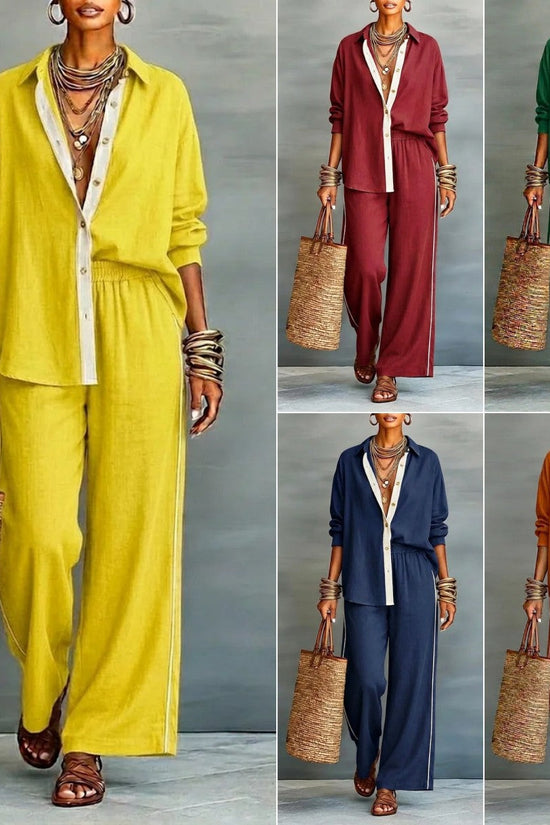 Contrast-color Casual Solid-color Loose Pants Two-piece Set 