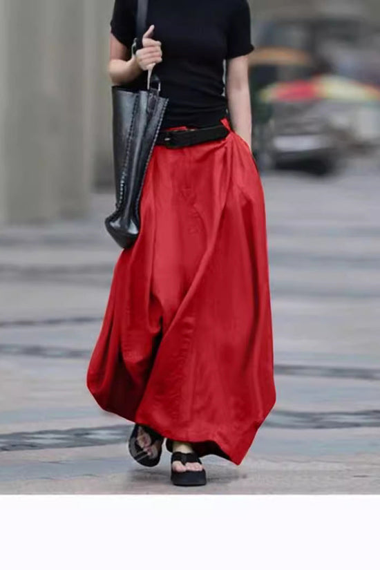 Womens Solid-color High-waisted Long Skirt 