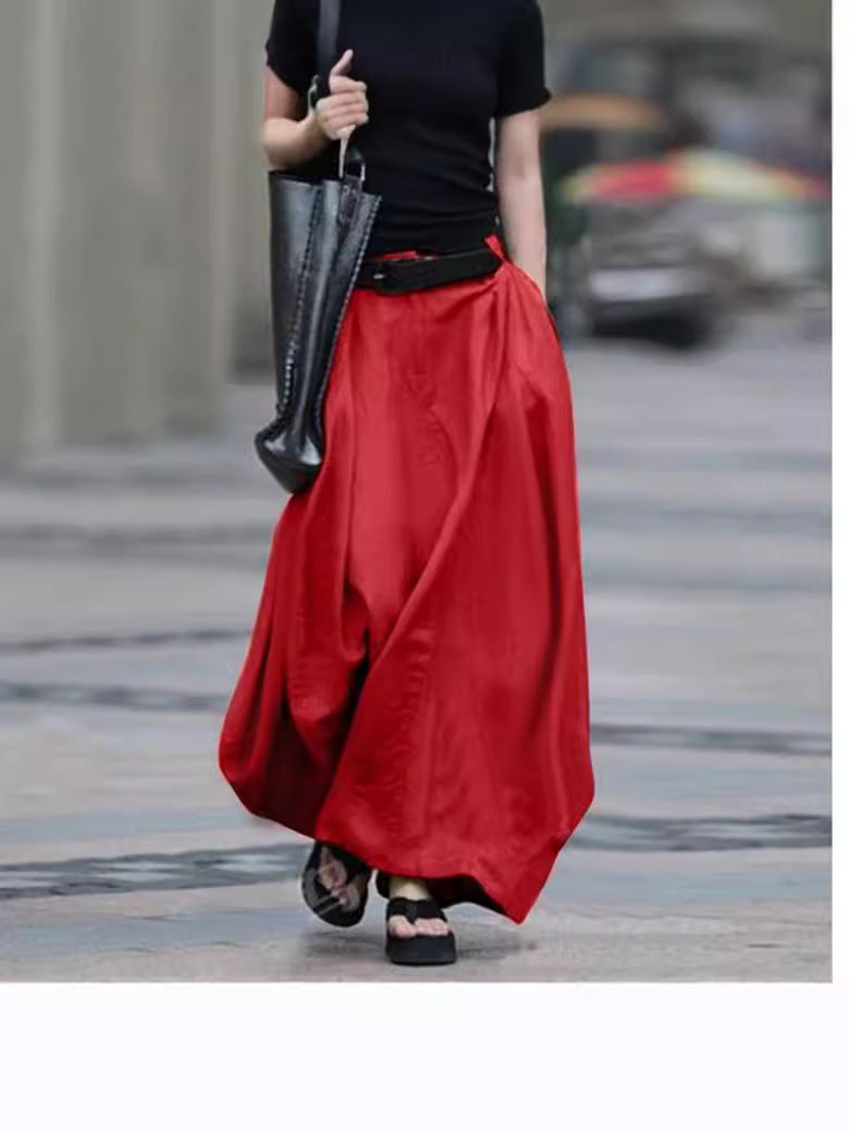 Womens Solid-color High-waisted Long Skirt 