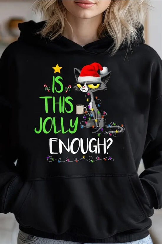Is This Jolly Enough Black Cat Merry Christmas Tree Lights Woman's Cozy Classic Print Pullover Hoodie, Casual Long Sleeve Crew Neck Hoodie CJ US