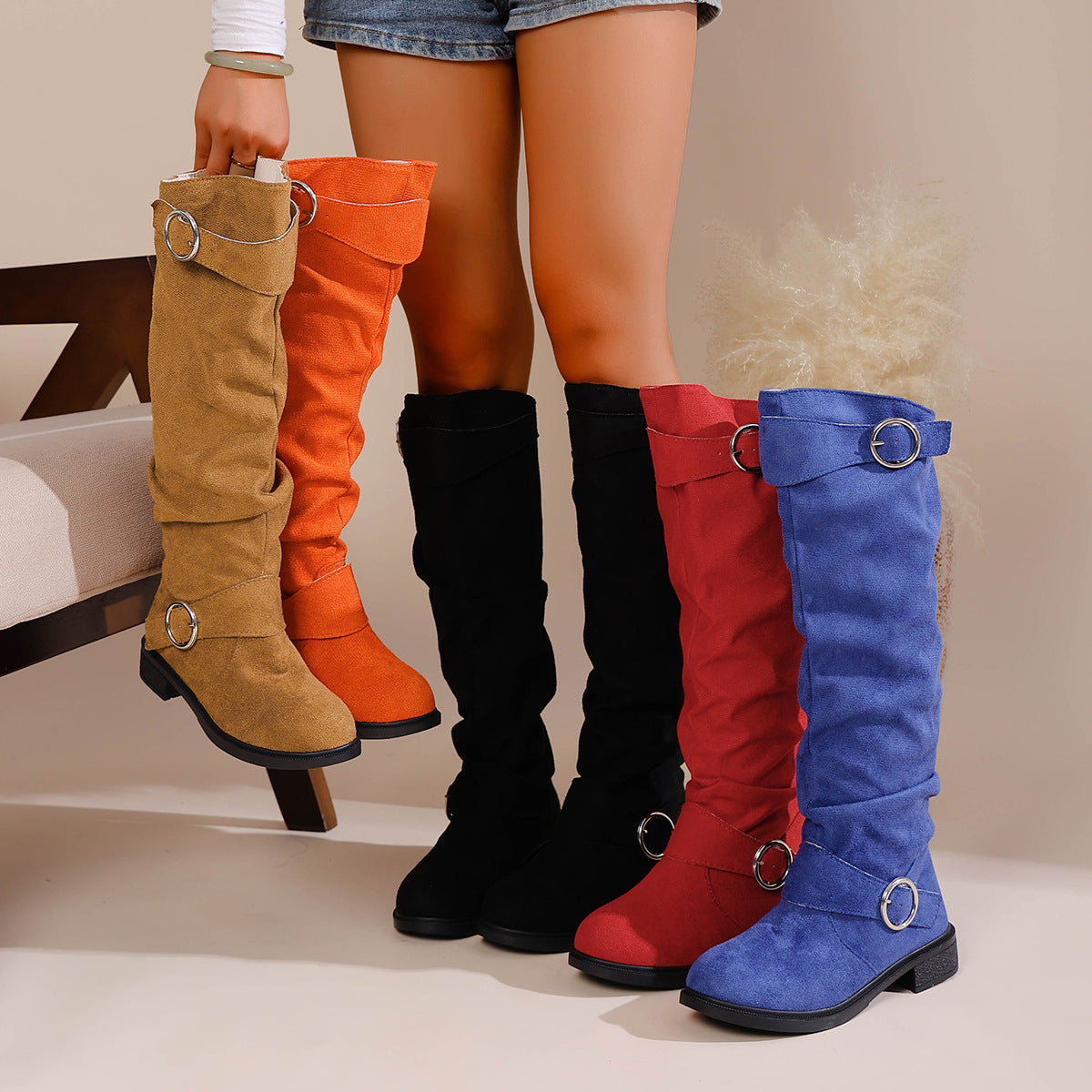Pleated Flat-bottom Western Cowboy Boots For Women With Belt Buckle 