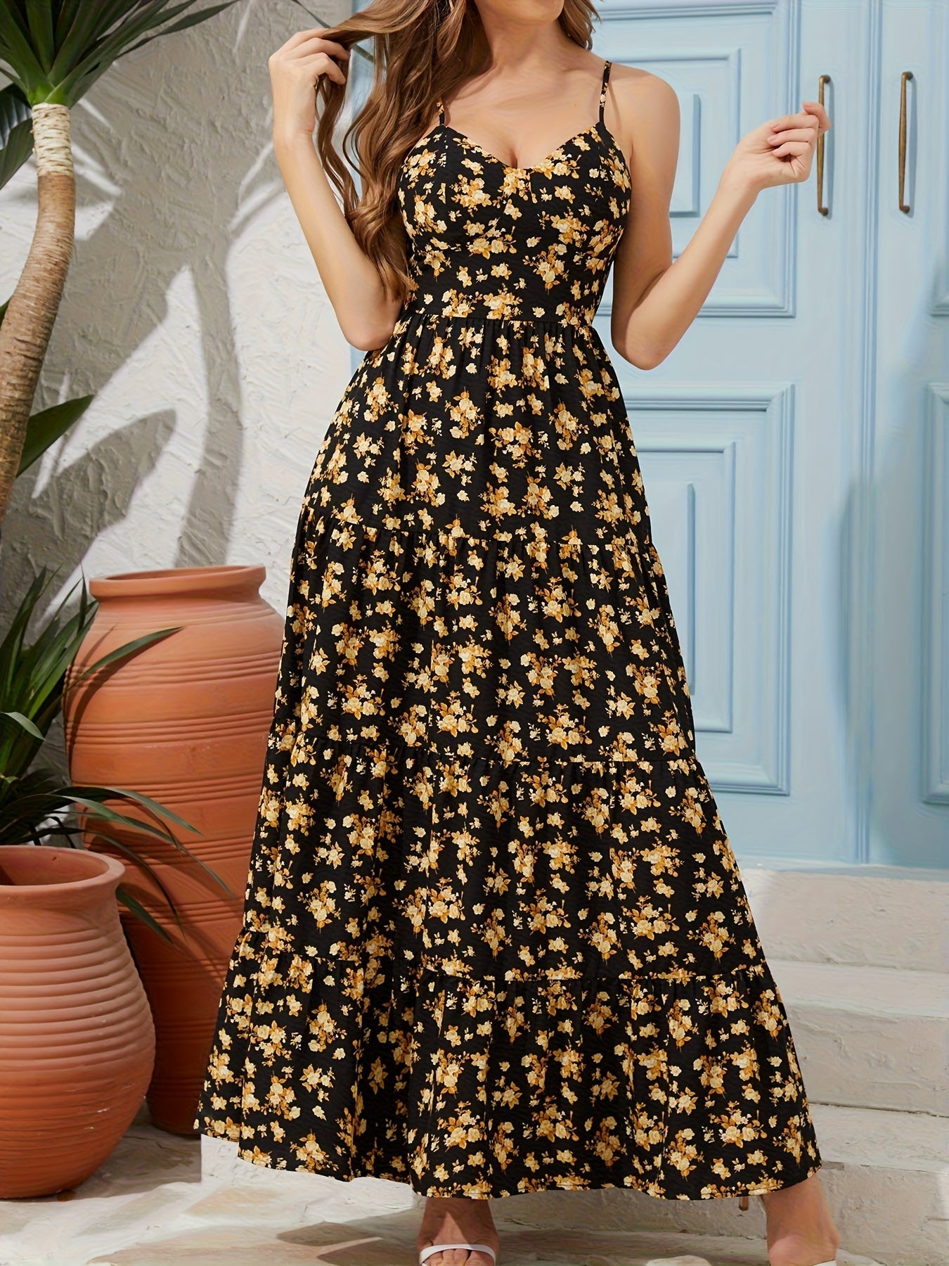 Women's Summer V-Neck Floral Print Strappy Dress - Sexy Backless Bowknot Flowy Maxi Party Dress CJ US