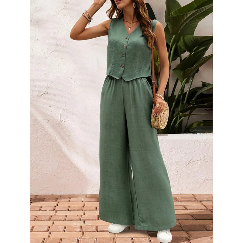 Womens Two Piece Outfits Summer Fashion Button V Neck Crop Vest Blazer And Wide Leg Pants Suit Matching Sets CJ US