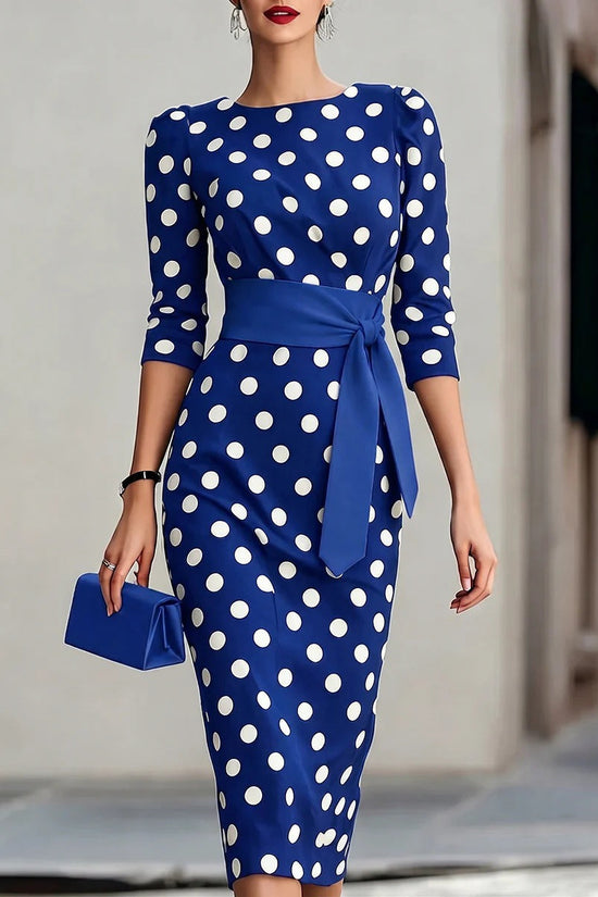 Retro Polka-dot Navy Blue Belted Waist-hugging Elegant Dress 