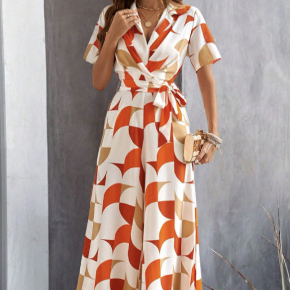 Women's Geometric Pattern Printed Lace Up Shirt Jumpsuit CJ
